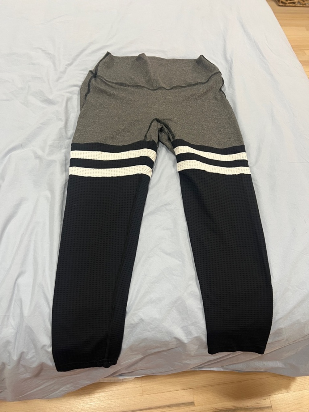 Ruched Two-Tone Gray and Black Athletic Leggings with White Stripes
